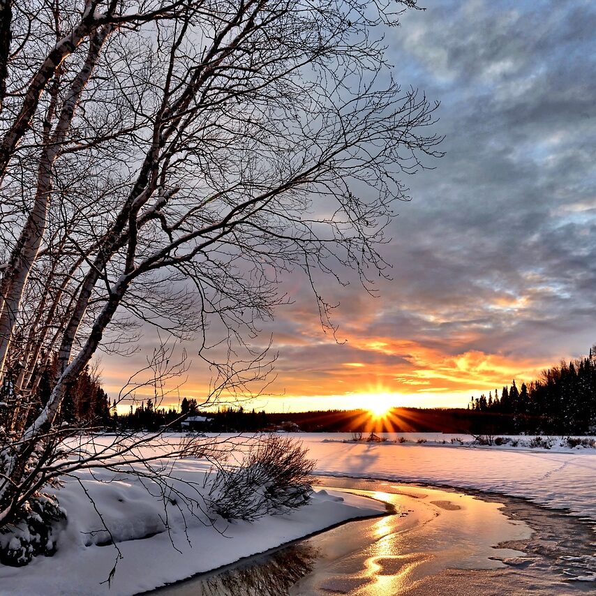 winter landscape, sunset, twilight
